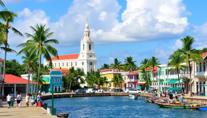 Vibrant view of Belize City featuring St. John's Cathedral, colorful colonial architecture, palm trees, and the Caribbean Sea, with locals and tourists along the waterfront.