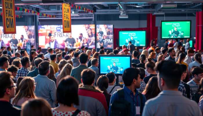 A lively film festival scene with a diverse audience watching films on large screens, surrounded by colourful banners, while filmmakers network and discuss their projects in the background.