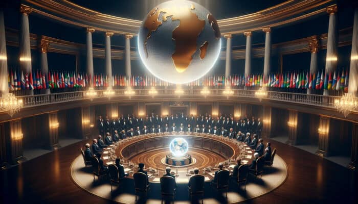 In a grand hall, diverse world leaders in formal attire sign treaties under ethereal scales of justice and a glowing globe, surrounded by flags.
