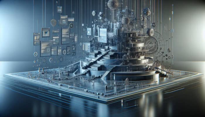 Digital blueprint of a Wikipedia-like website, showing hierarchical structure, clean HTML code, efficient bot crawling, and seamless user navigation.