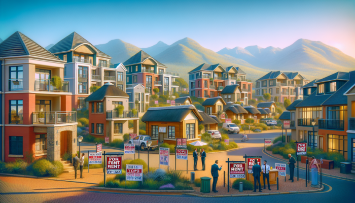 Bustling street in Louis Trichardt with modern apartments, thatched houses, For Rent signs, agents negotiating, greenery, mountains, and sunny sky.