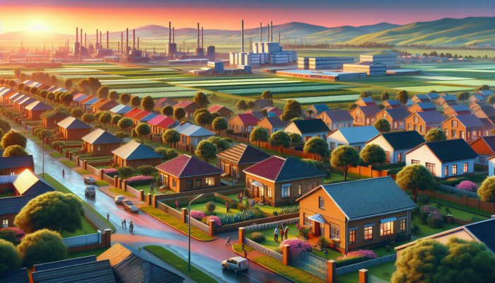 Bustling street in Standerton with mid-level homes, families moving in, green fields, factories, and improved roads under a vibrant sunset.