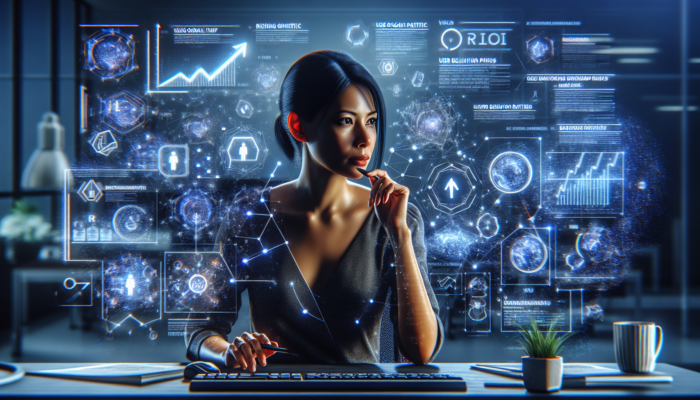 Focused analyst in modern Minchinhampton office examines glowing Google Analytics dashboard with rising traffic graphs and keyword icons, indicating SEO success.