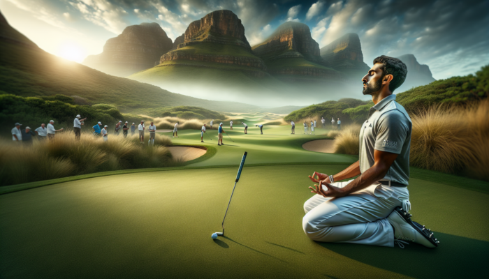 A golfer meditates on a lush South African course, visualizing a perfect putt with eyes closed, exuding calm confidence.