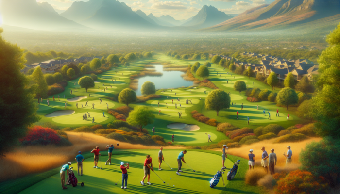 Golfers teeing off on lush greens at Soutpansberg Golf Club, under a sunny sky with distant mountains in the background.