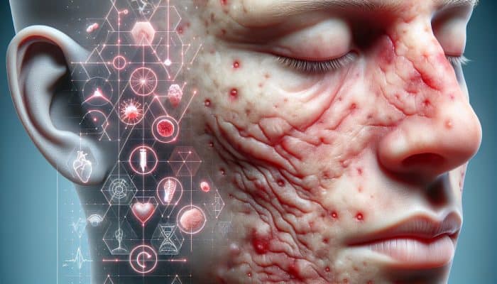 Close-up of human skin showing redness, acne, wrinkles, and inflammation due to high cortisol, with a subtle stressed face in the background.