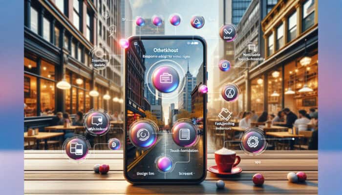 A vibrant smartphone screen in a bustling café displays a responsive mobile checkout with large touch buttons and fast-loading indicators.