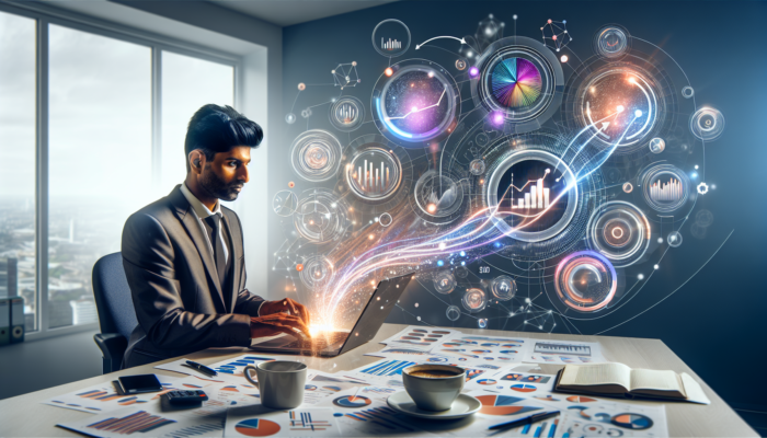 A small business owner in a modern London office analysing SEO ROI on a laptop, viewing Google Analytics graphs of organic traffic and sales conversions, surrounded by data charts and coffee cups.