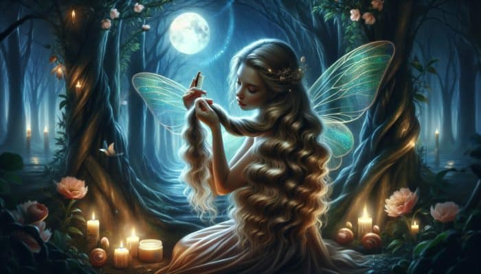 A mystical fairy with wavy hair in a moonlit forest, applying shampoo and braiding with a silk scarf amid glowing flowers.