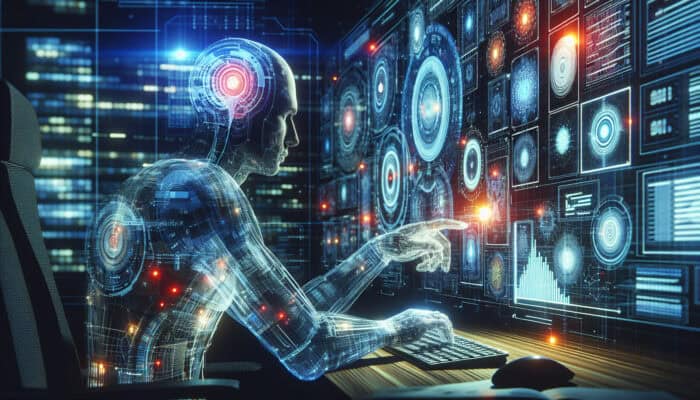 A focused human-AI virtual assistant analyzes precise data graphs and charts in a high-tech control room with glowing holograms, symbolizing accurate affiliate marketing tracking.