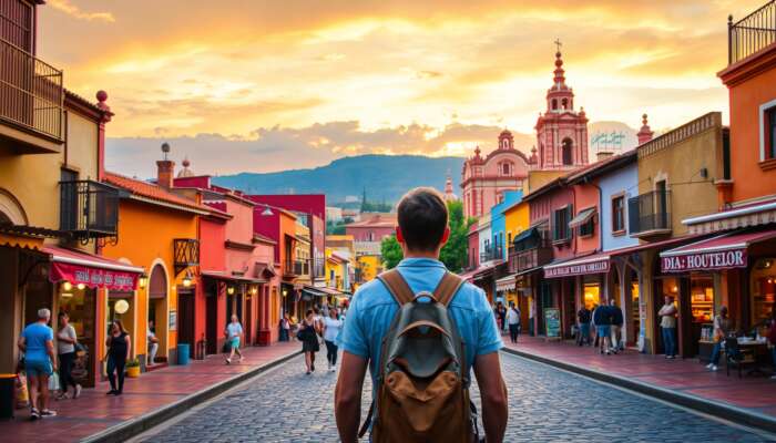 A traveler explores cobblestone streets in San Miguel de Allende, surrounded by colorful colonial buildings, the pink Parroquia spire, and bustling markets under a golden sunset.