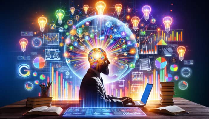 Digital workspace with SEO expert analysing metrics graphs, user feedback, glowing world map, balanced scales, books, and light bulbs.