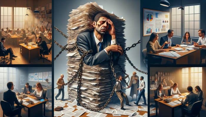 Person overwhelmed by debt documents and chains, while a charity worker juggles clients in a crowded room, and a professional advisor offers guidance in a serene office.