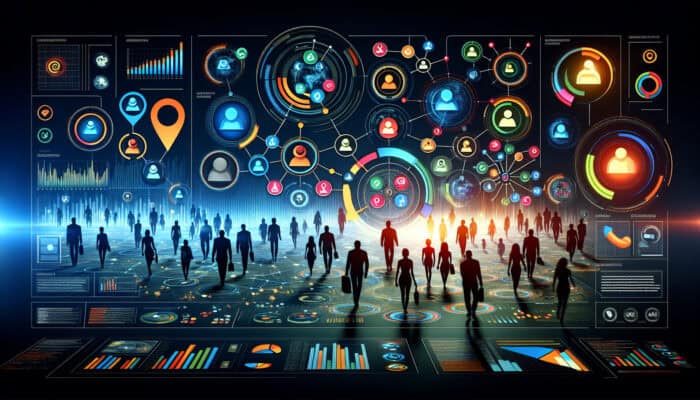 A futuristic marketing dashboard displays colourful icons of people grouped by demographics, behaviours, and interests.