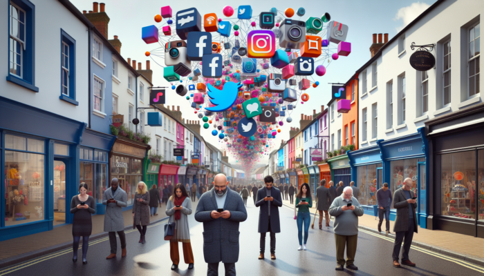 Bustling Verwood street with small business owners engaging locals via smartphones showing Facebook, Instagram, and Twitter icons, amid floating targeted ads and colorful shop fronts.