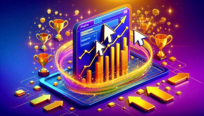 Vibrant digital banner showcasing clicking cursors morphing into rising graphs and golden trophies, illustrating the impact of CTR on advertising success.