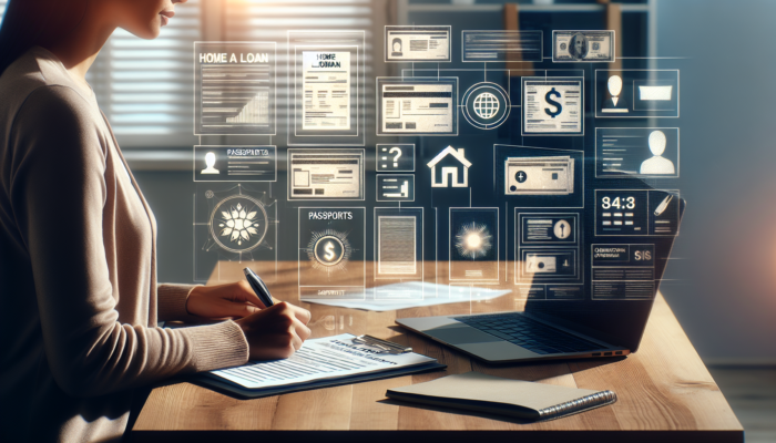 Focused professional organising home loan documents like pay stubs, passports, and bank statements on a tidy sunlit desk with laptop.