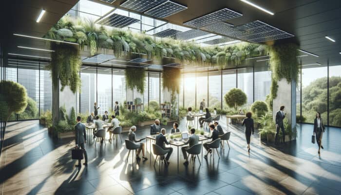 Diverse professionals collaborate in a modern office with lush plants, solar panels, and natural light, symbolising enhanced productivity and job satisfaction.