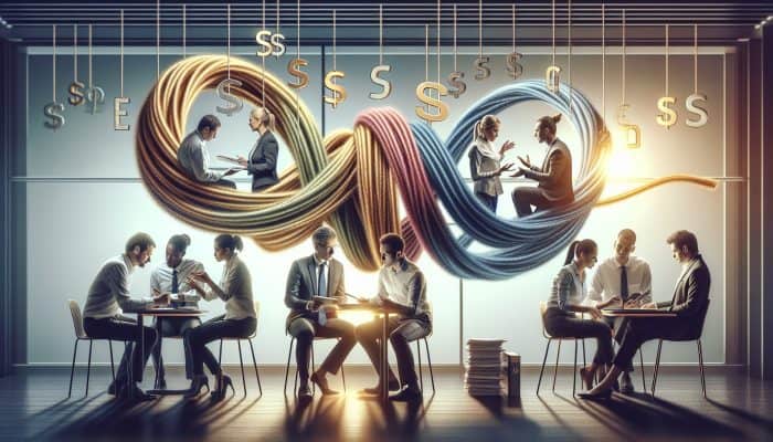 Using a Credit Union for Debt Consolidation: A Smart Choice | DCL People in a modern credit union discuss debt consolidation; tangled ropes merge into a glowing thread symbolising financial freedom.