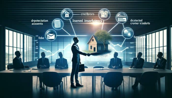 Consolidating Debt After an IVA Finishes: Key Strategies | DCL Consolidating Debt After an IVA Finishes: Relieved individual shaking hands with creditors in office, guided by insolvency practitioner; documents depict five-year plan and protected assets.