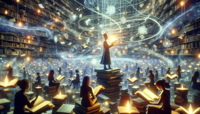 A visionary storyteller in a luminous library, surrounded by glowing books and diverse figures, evoking emotional connections in a realistic-fantastical blend.