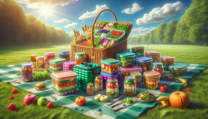 A vibrant picnic scene with a wicker basket of fresh salads, insulated bags, colorful jars of fruits and proteins on a green blanket under the sun.