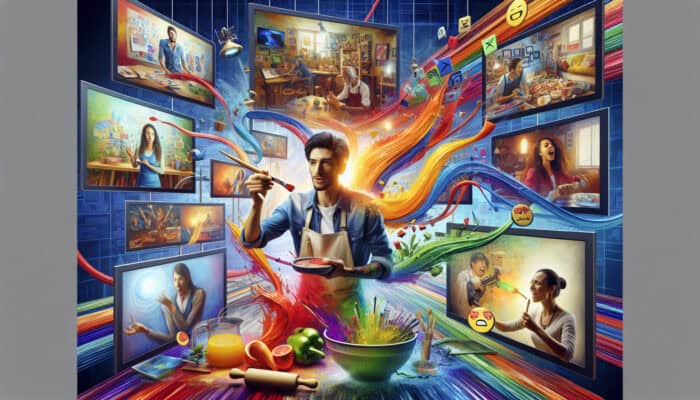 Instagram creator in a colourful studio, surrounded by screens showing varied Reels: cooking tutorial, behind-the-scenes film set, and personal anecdote with emoji reactions.