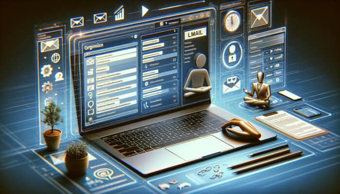 Modern laptop displaying structured email: bold subject, bullet points, lists, polite closing, with virtual assistant avatar and communication icons.