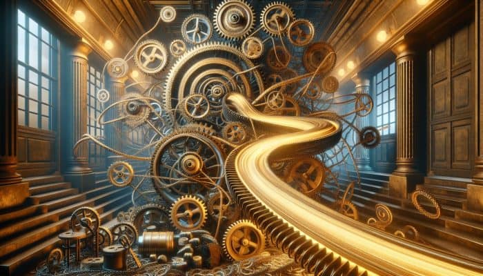 Can Debt Consolidation Stop Bailiff Action?: Key Insights | DCL Steampunk machine with tangled debt chains merging into a golden stream in a dimly lit Victorian bank, gears turning for financial relief.