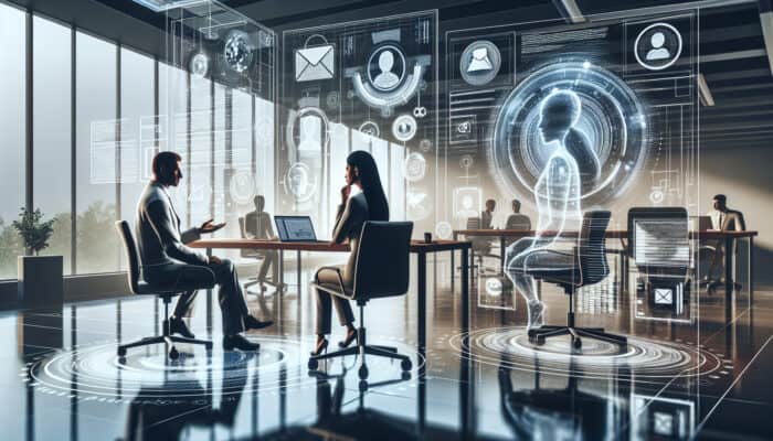 A manager and virtual assistant review a shared document with email icons and progress charts in a modern virtual meeting.