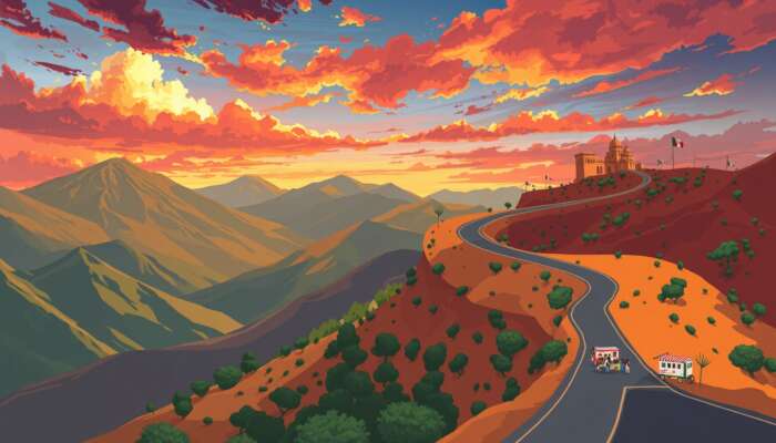 Winding road from San Miguel de Allende to Guanajuato through rugged mountains, lush valleys, dramatic sky, cultural landmarks, and roadside food stalls.