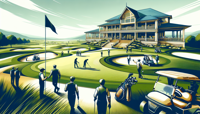 A presidential golf course with manicured greens, golfers in elegant attire, staff managing carts, a grand clubhouse, waving American flags, and a clear blue sky.