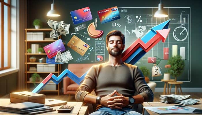 UK person in cozy office consolidates colourful store cards into loan; graphs show rates dropping from 25% to 10%, symbolising financial freedom.