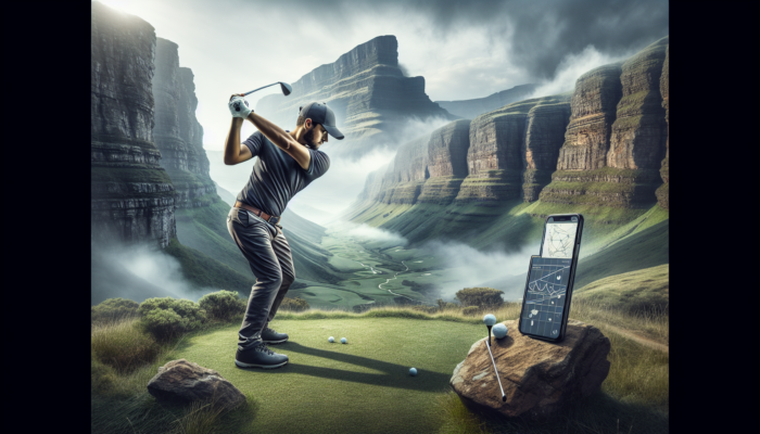 A focused golfer in misty Drakensberg mountains practices slice correction with weighted clubs, recording swings on a smartphone.