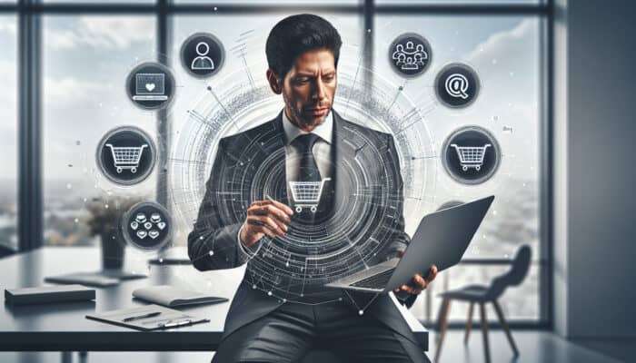 Professional in a modern office reviews e-commerce charts on a laptop while drafting virtual assistant job descriptions, surrounded by icons of shopping carts, team avatars, and strategic plans.