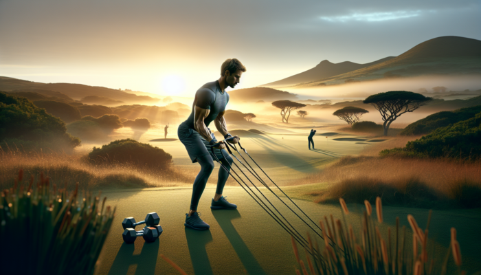 Determined athlete performing weightlifting and resistance bands on a lush South African golf course at dawn, with rolling hills and wildlife, symbolizing enhanced accuracy.