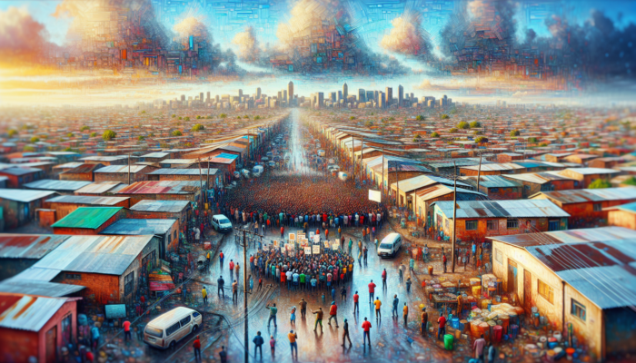 Bustling Lephalale neighbourhood with congested streets, damaged roads, and diverse residents advocating for affordable housing under a bright sky.