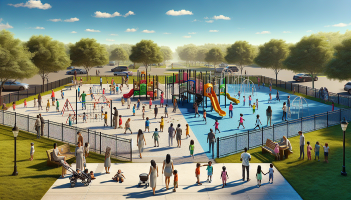 Children playing safely on colourful fenced playground equipment in a peaceful Lephalale park, with parents and volunteers conversing nearby under a clear blue sky.