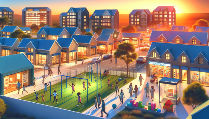 Sunset view of Vryheid neighborhood: modern homes near a bustling school playground, colorful shopping center, and sleek healthcare facility.