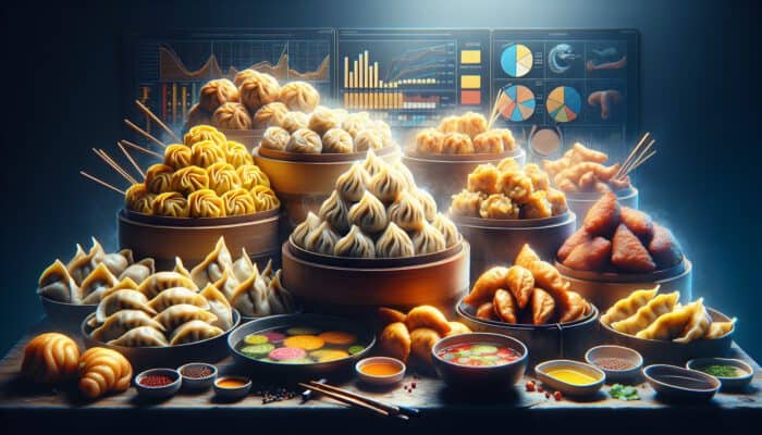 A vibrant still-life of dumplings: steamed tender in a bamboo basket, soft boiled in broth, crispy fried with golden exteriors, and baked with a shiny crust.