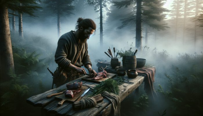 Rugged outdoorsman selecting venison in a misty forest and preparing it on a table with knives, herbs, and a crackling fire under golden sunlight.