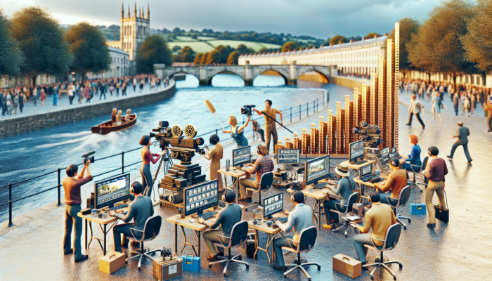 A diverse group of video producers filming beside the river in Frome, surrounded by cameras, editing screens, and success charts.