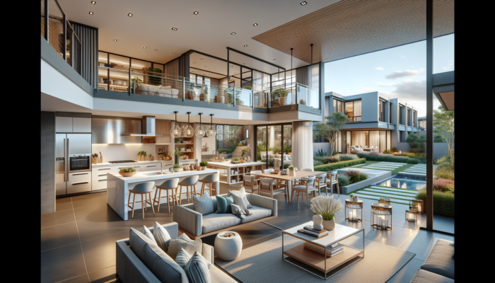 A modern mid-level family home in George, South Africa, featuring spacious open-plan living, a state-of-the-art kitchen, and lush outdoor patios in a community estate.