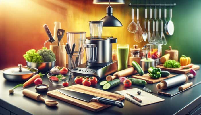 A modern kitchen counter with sharp knives, non-stick pans, wooden cutting boards with veggies, a blending smoothie, and a food processor under warm light.