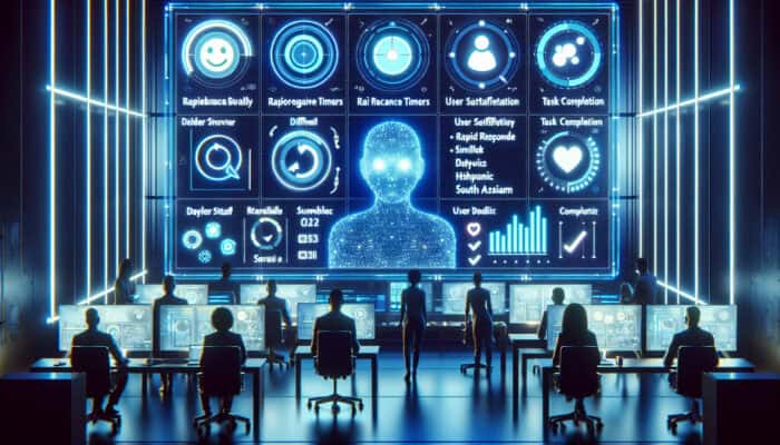Futuristic control room with holographic dashboards displaying AI metrics: response timers, satisfaction icons, task checklists, and analysts reviewing surveys under blue lights.