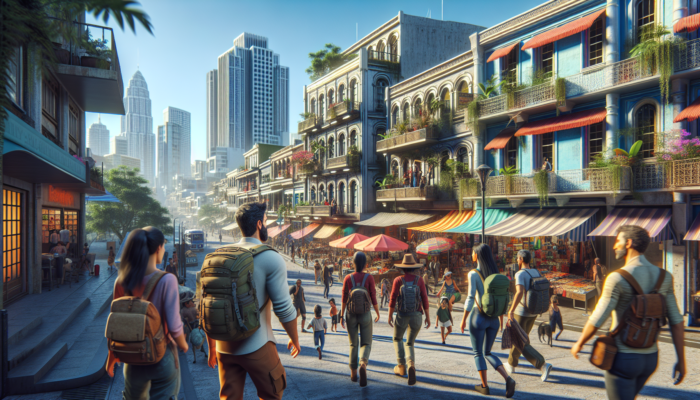 Explorers wandering through bustling city neighbourhoods with vibrant markets, affordable cafes, thrift stores, and lively parks.