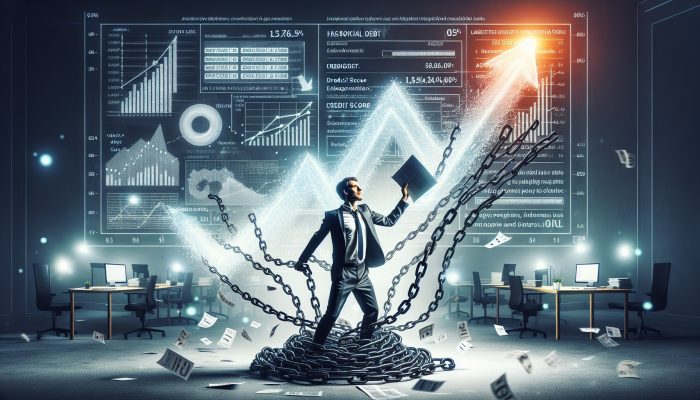 A determined self-employed professional in a UK office holds a payment plan, breaking debt chains with rising credit score graphs.