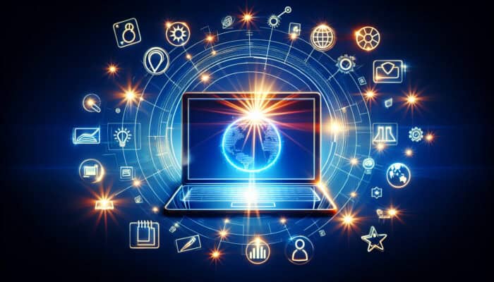 A futuristic digital workspace with a laptop displaying search results for "comfortable running shoes for flat feet," surrounded by floating SEO keywords like "eco-friendly summer dresses."