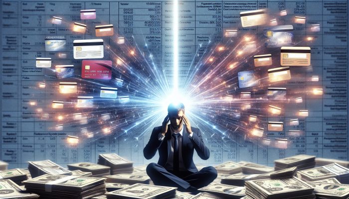 Debt Consolidation vs Debt Relief Orders: Pros and Cons | DCL Stressed person surrounded by chaotic credit cards and bills merging into a glowing loan document under light, with organized charts in background.