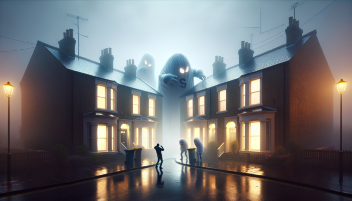 In foggy Newcastle streets, quaint terraced houses glow deceptively, with ghostly oversized bills startling a wide-eyed first-time buyer under rainy skies.